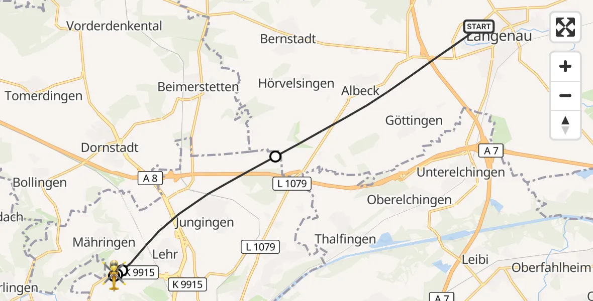 Flugroute Rettungshubschrauber Langenau - ADAC Air Rescue Station Ulm (Christoph 22), 15 August 2026, 07:16