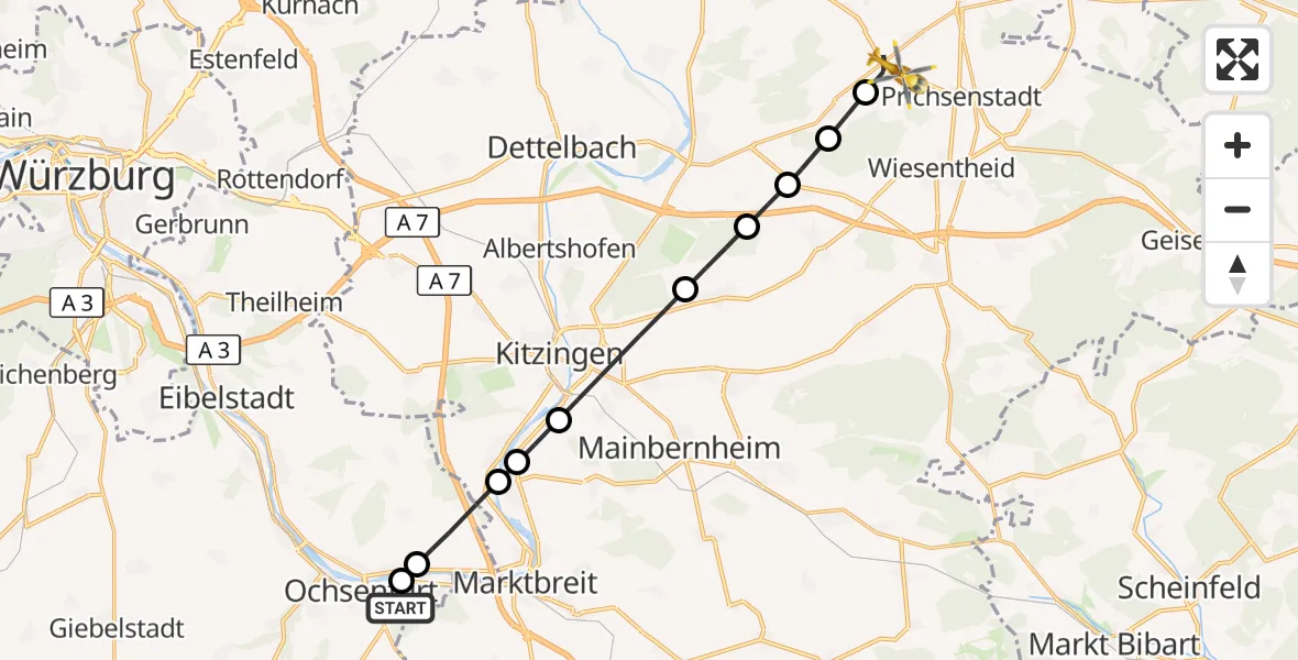 Flugroute Rettungshubschrauber Ochsenfurt Hospital - Prichsenstadt, 15 August 2026, 07:21