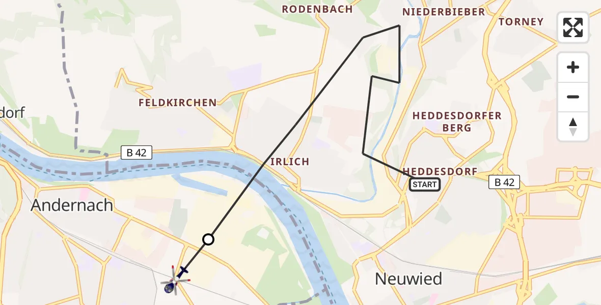 Flugroute Polizeihubschrauber Neuwied - Andernach, 15 August 2026, 07:27