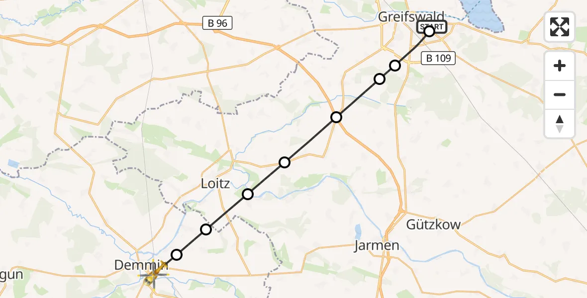 Flugroute Rettungshubschrauber Greifswald Hospital - Demmin, 15 August 2026, 07:33