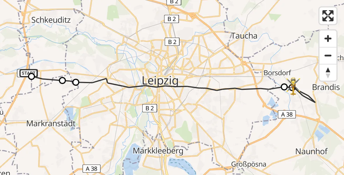 Flugroute Rettungshubschrauber ADAC Air Rescue Station Leipzig/Schkeuditz-Dölzig Hubschrauberlandeplatz (Christoph 61) - Brandis, 15 August 2026, 07:44