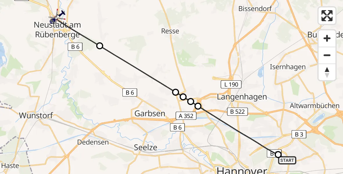 Flugroute Polizeihubschrauber Hannover Luftrettung Hubschrauberlandeplatz (Christoph 4) - Neustadt am Rübenberge, 15 August 2026, 07:44