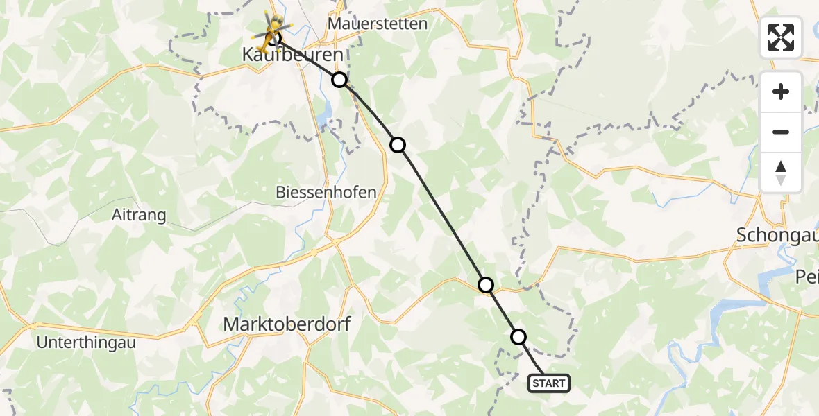 Flugroute Rettungshubschrauber Bernbeuren - Ostallgäu-Kaufbeuren Hospital, 15 August 2026, 07:44