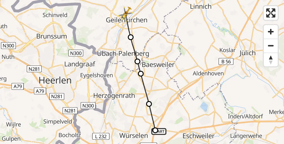 Flugroute Rettungshubschrauber Aachen-Merzbrück Flughafen - Geilenkirchen, 15 August 2026, 07:50