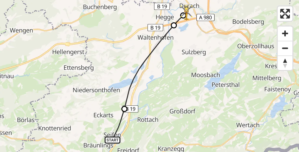 Flugroute Rettungshubschrauber Immenstadt i.Allgäu - Kempten-Durach Flugplatz, 15 August 2026, 07:50