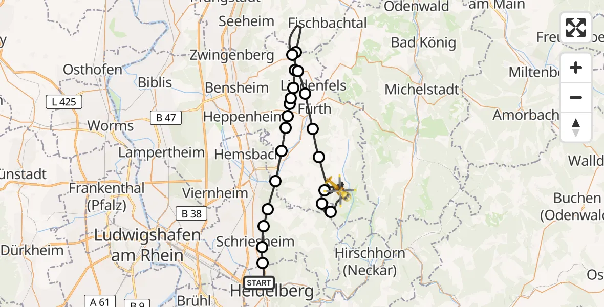 Flugroute Rettungshubschrauber Heidelberg - Wald-Michelbach, 15 August 2026, 07:50