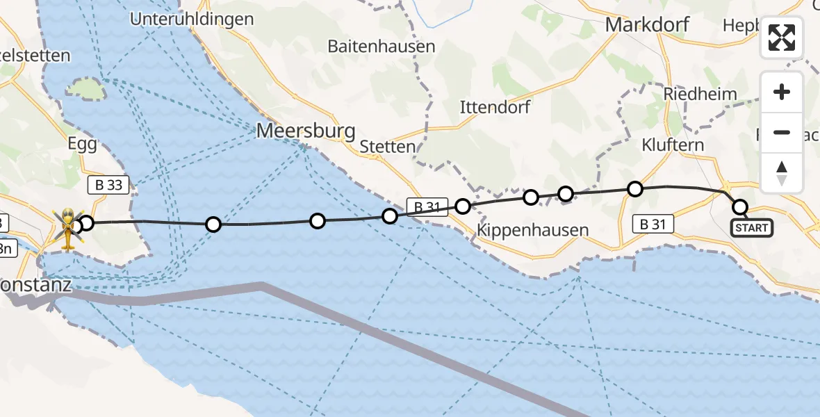 Flugroute Rettungshubschrauber Friedrichshafen Hospital - Konstanz Hospital, 15 August 2026, 07:52