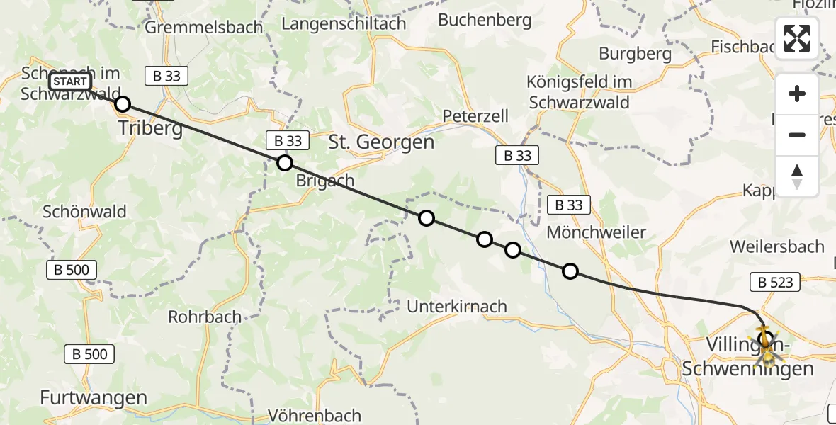 Flugroute Ambulanzhubschrauber Schonach im Schwarzwald - DRF Air Rescue Station Villingen-Schwenningen Hubschrauberlandeplatz (Christoph 11), 15 August 2026, 07:54