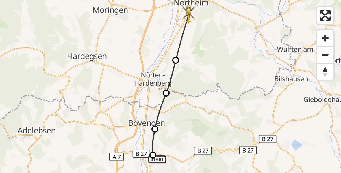 Flugroute Rettungshubschrauber Göttingen University Clinic Hubschrauberlandeplatz - Northeim, 15 August 2026, 08:04