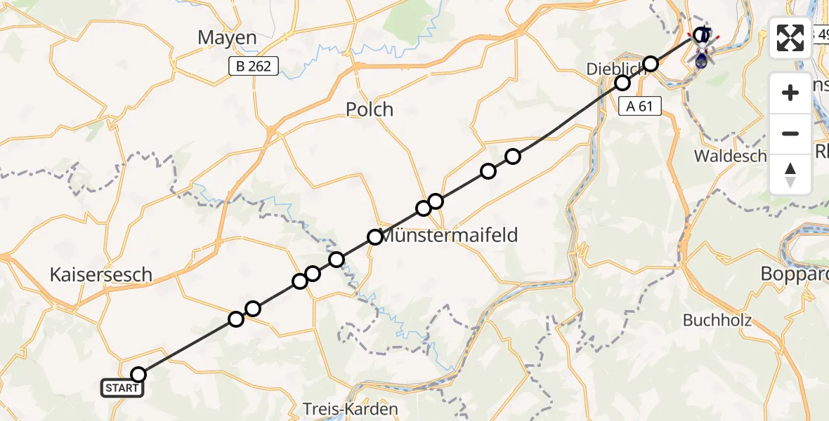 Flugroute Polizeihubschrauber Greimersburg - Koblenz-Winningen Flugplatz, 15 August 2026, 08:05