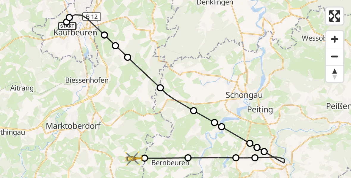 Flugroute Rettungshubschrauber Ostallgäu-Kaufbeuren Hospital - Stötten a.Auerberg, 15 August 2026, 08:08