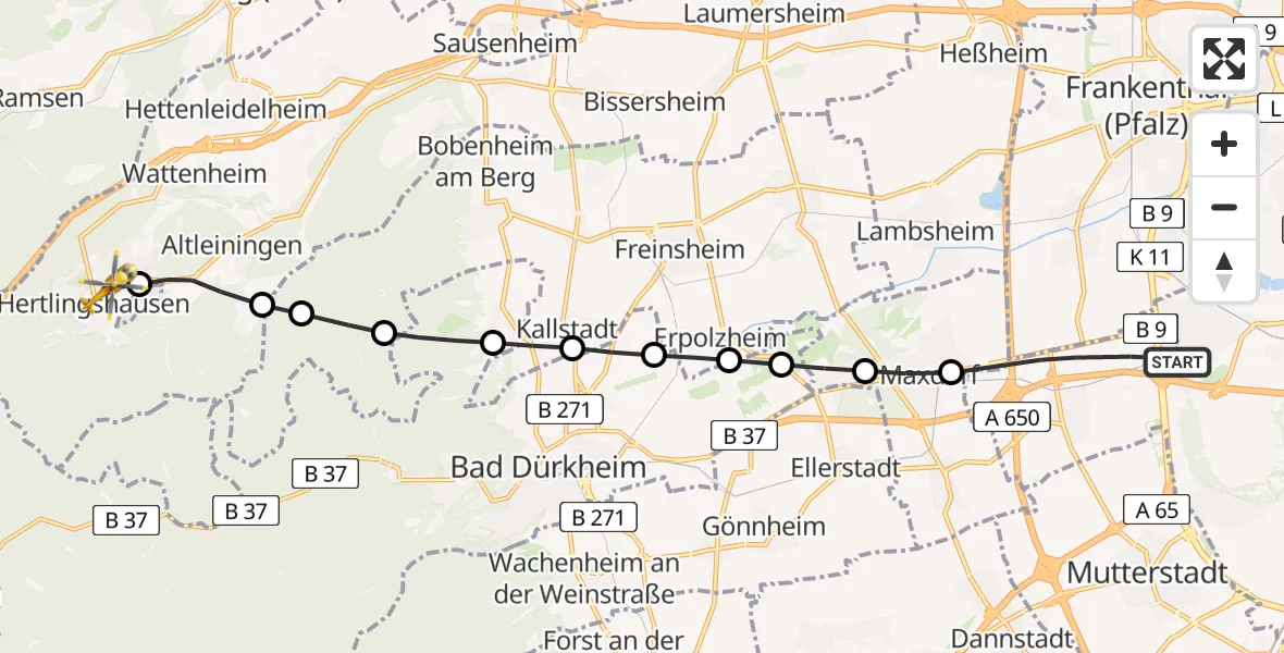 Flugroute Rettungshubschrauber Ludwigshafen am Rhein - Carlsberg, 15 August 2026, 08:12