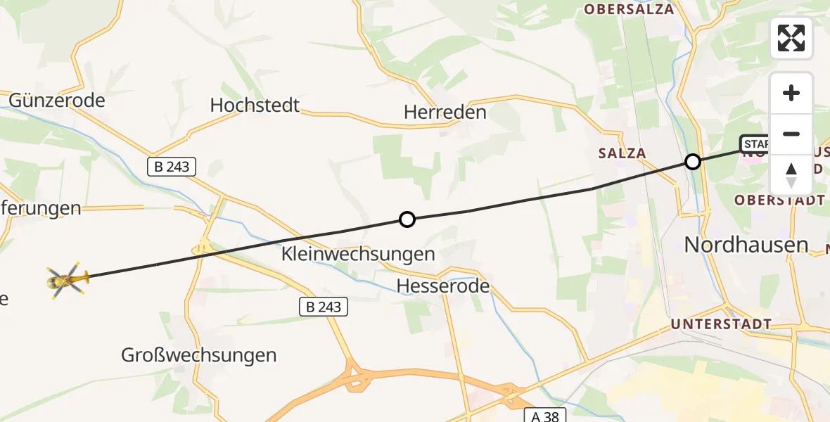 Flugroute Rettungshubschrauber Südharz Hospital Nordhausen - Werther, 15 August 2026, 08:21