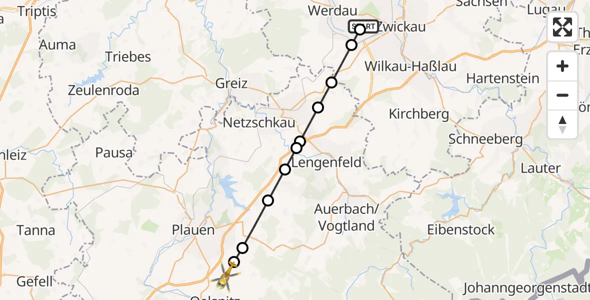 Flugroute Rettungshubschrauber ADAC Air Rescue Station Zwickau Hubschrauberlandeplatz - Tirpersdorf, 15 August 2026, 08:23