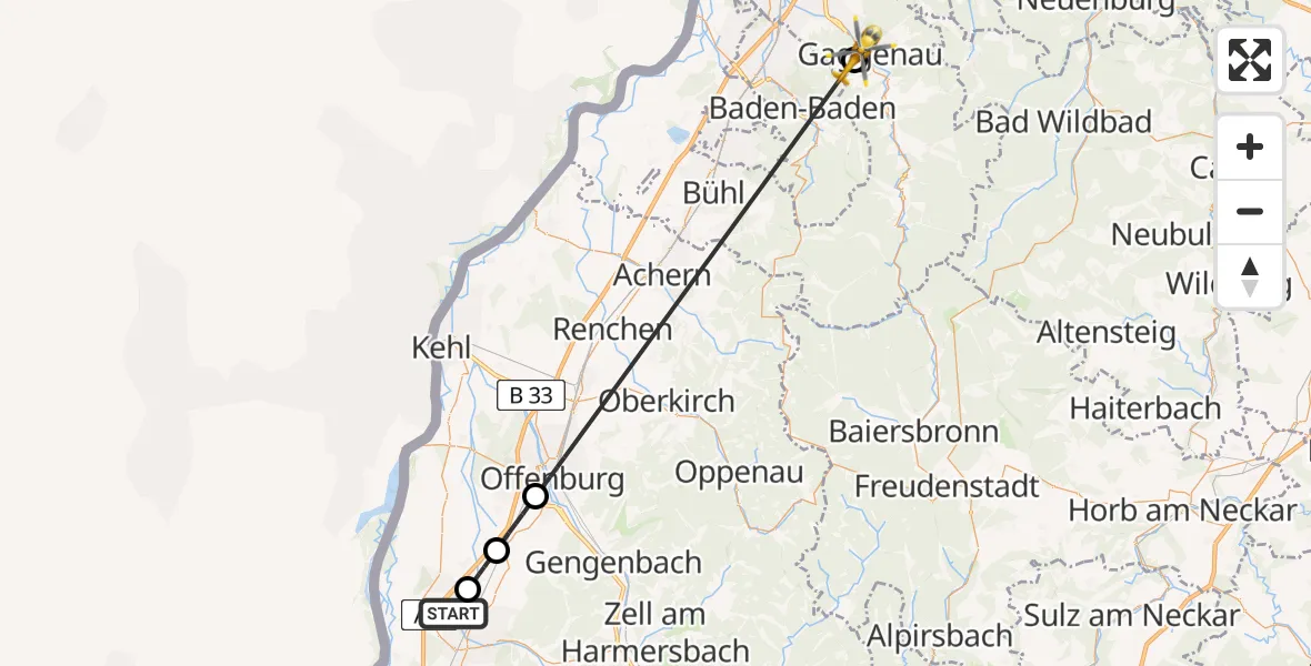 Flugroute Rettungshubschrauber Lahr Flughafen - Gaggenau, 15 August 2026, 08:29