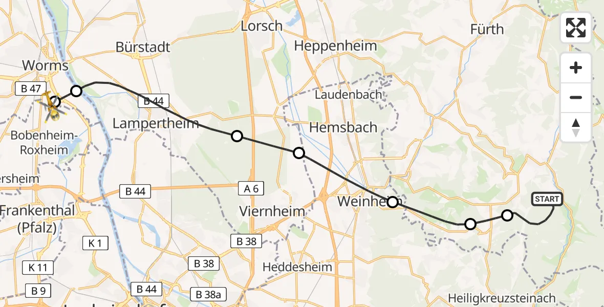 Flugroute Rettungshubschrauber Wald-Michelbach - Worms Flugplatz, 15 August 2026, 08:30