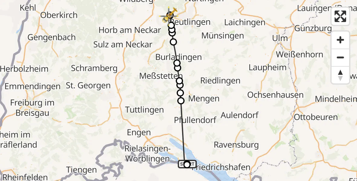 Flugroute Rettungshubschrauber Konstanz Hospital - Tübingen University Hospital, 15 August 2026, 08:30