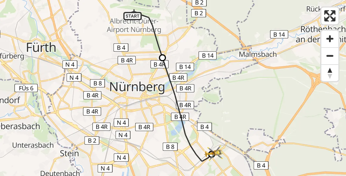 Flugroute Rettungshubschrauber Flughafen Nuremberg - Nürnberg South Hospital, 15 August 2026, 08:45