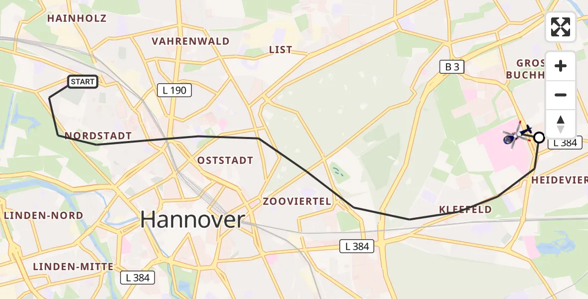 Flugroute Polizeihubschrauber Hannover - Hannover Luftrettung Hubschrauberlandeplatz (Christoph 4), 15 August 2026, 08:50