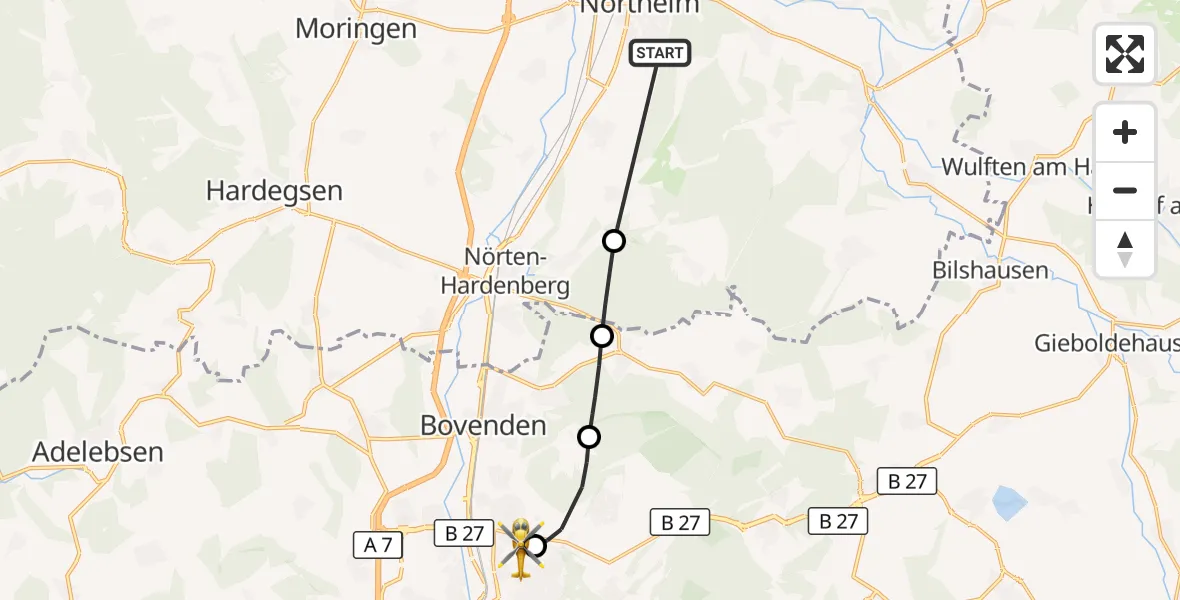 Flugroute Rettungshubschrauber Northeim - Göttingen University Clinic Hubschrauberlandeplatz, 15 August 2026, 08:50