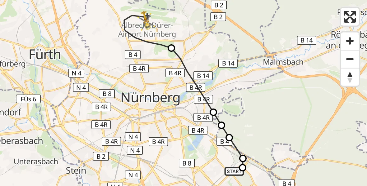 Flugroute Rettungshubschrauber Nürnberg South Hospital - Flughafen Nuremberg, 15 August 2026, 08:52