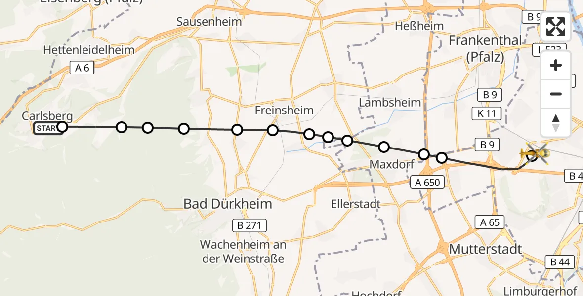 Flugroute Rettungshubschrauber Carlsberg - Ludwigshafen Accident Hospital, 15 August 2026, 08:53