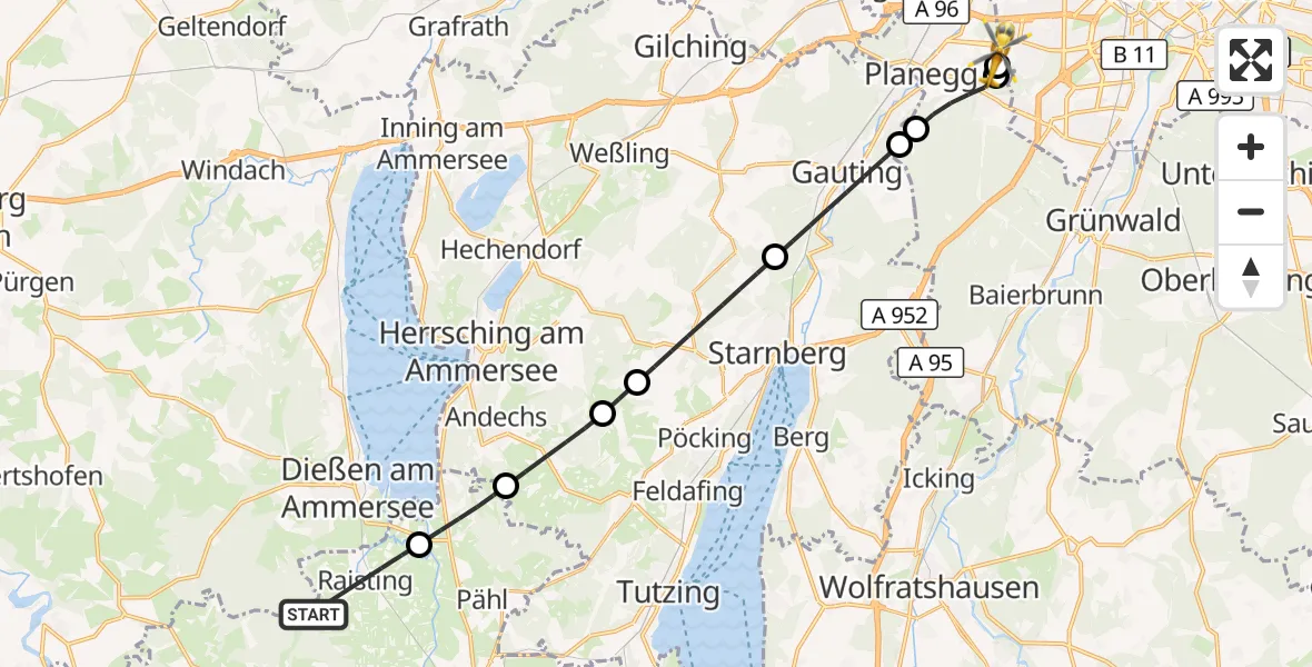 Flugroute Rettungshubschrauber Raisting - DRF Air Rescue München Hubschrauberlandeplatz, 15 August 2026, 08:57