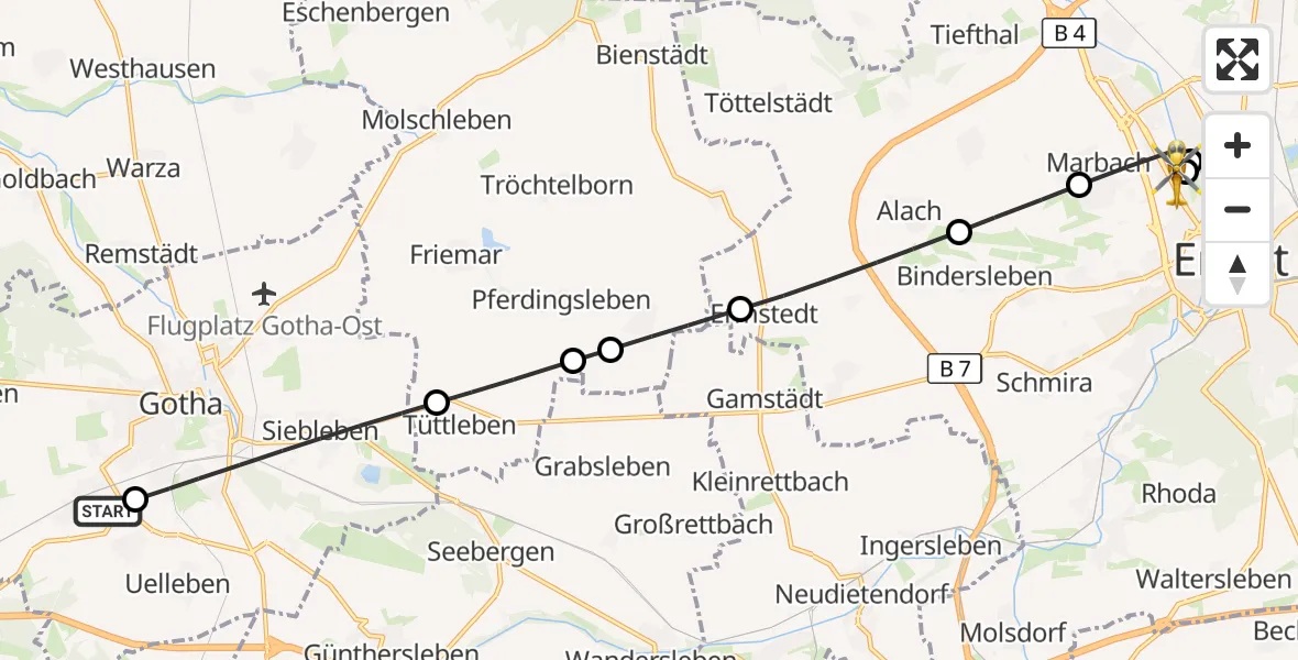 Flugroute Ambulanzhubschrauber Helios Clinic Gotha - Helios Clinic Erfurt, 15 August 2026, 09:07
