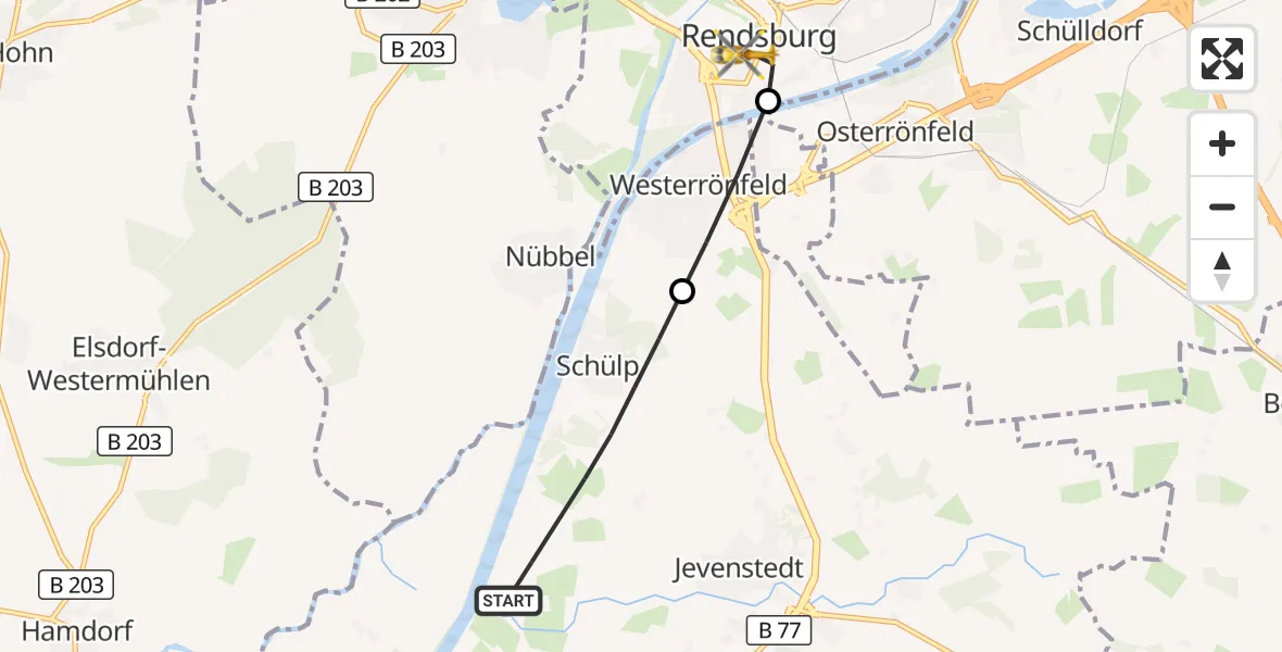 Flugroute Ambulanzhubschrauber Schülp b.Rendsburg - Rendsburg, 15 August 2026, 09:10