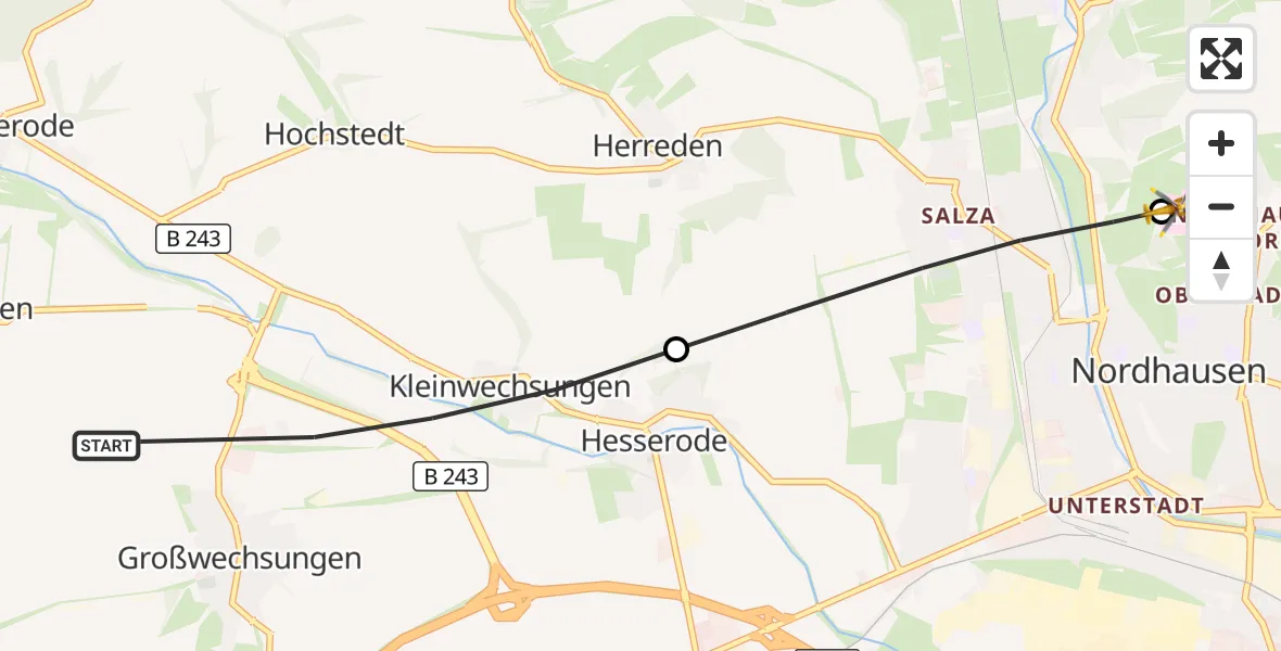 Flugroute Rettungshubschrauber Werther - Südharz Hospital Nordhausen, 15 August 2026, 09:12