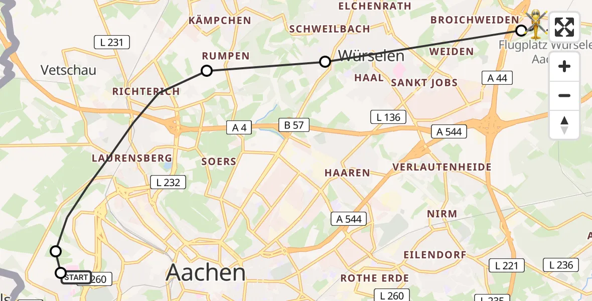 Flugroute Rettungshubschrauber Aachen Hospital - Aachen-Merzbrück Flughafen, 15 August 2026, 09:14