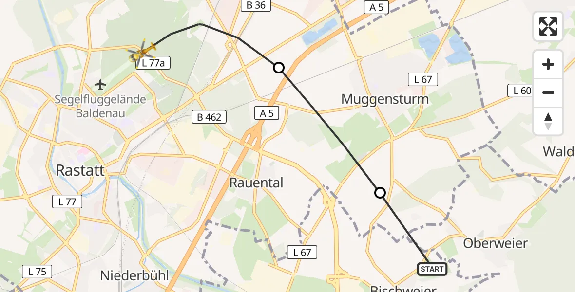 Flugroute Rettungshubschrauber Bischweier - Rastatt, 15 August 2026, 09:20