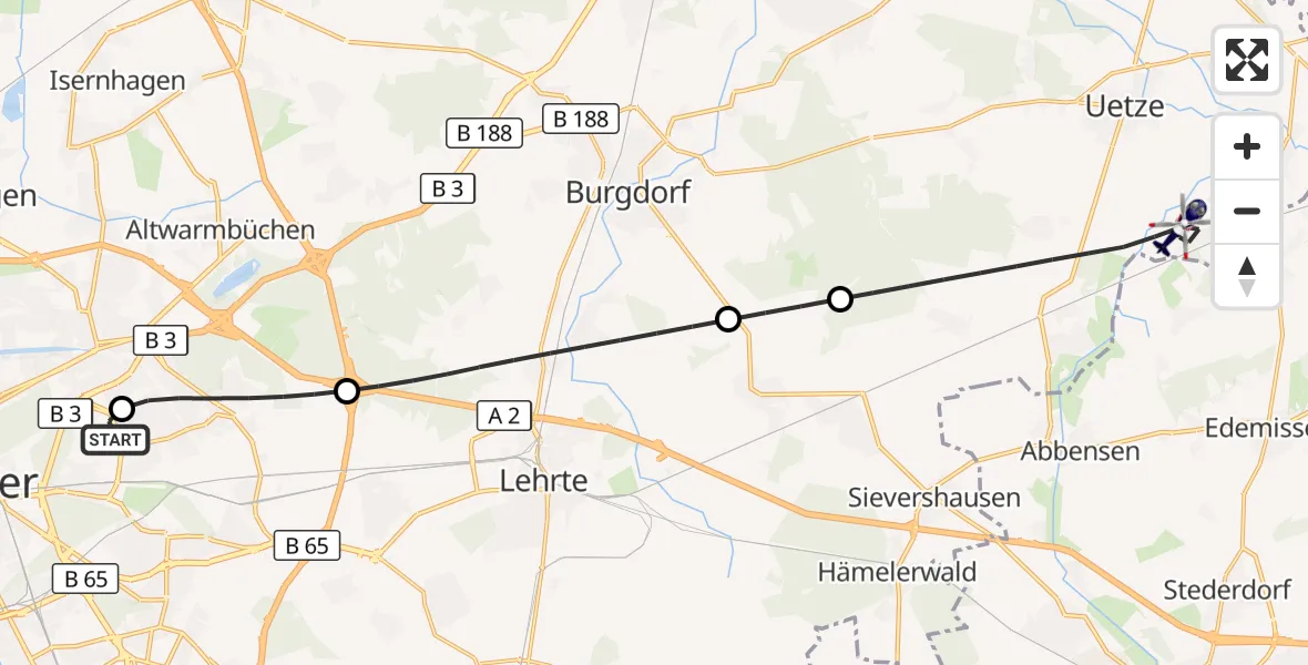 Flugroute Polizeihubschrauber Hannover Luftrettung Hubschrauberlandeplatz (Christoph 4) - Uetze, 15 August 2026, 09:20