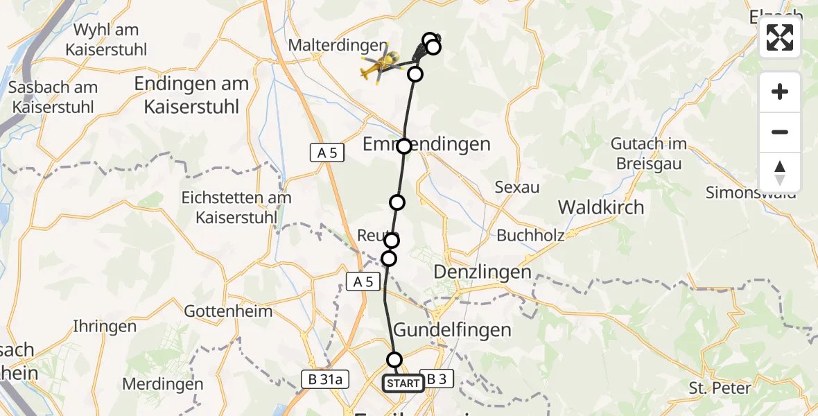 Flugroute Ambulanzhubschrauber Freiburg im Breisgau Flugplatz - Teningen, 15 August 2026, 09:21