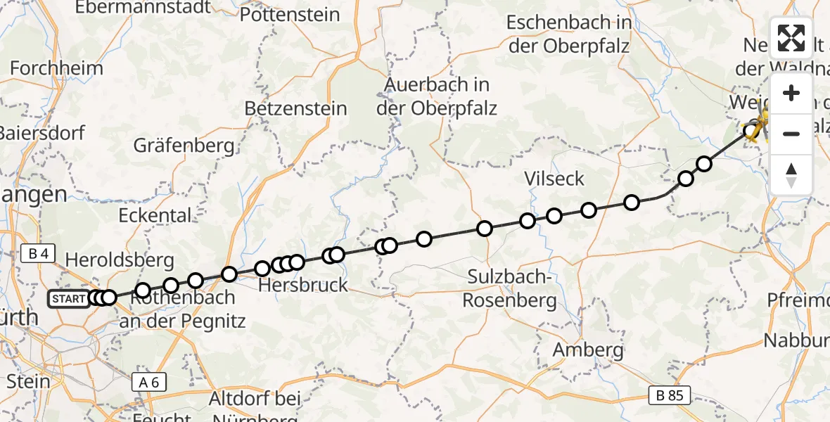 Flugroute Ambulanzhubschrauber Flughafen Nuremberg - Weiden i.d.OPf., 15 August 2026, 09:28