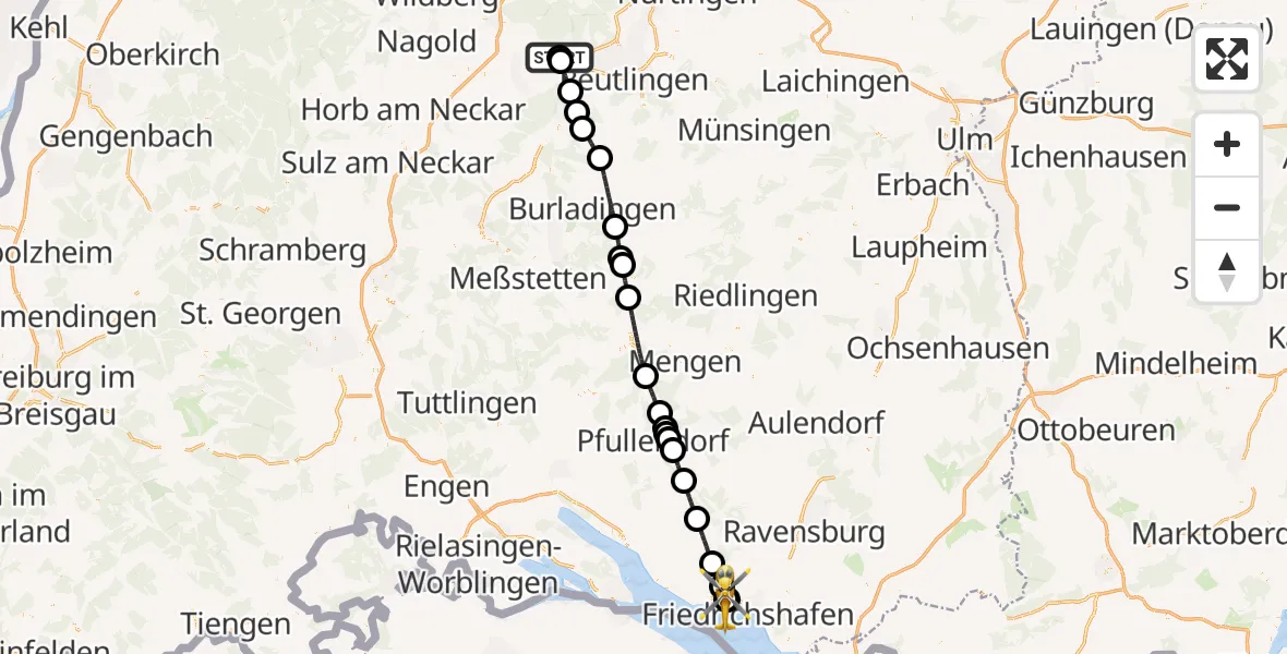 Flugroute Rettungshubschrauber Tübingen University Hospital - Friedrichshafen Hospital, 15 August 2026, 09:30