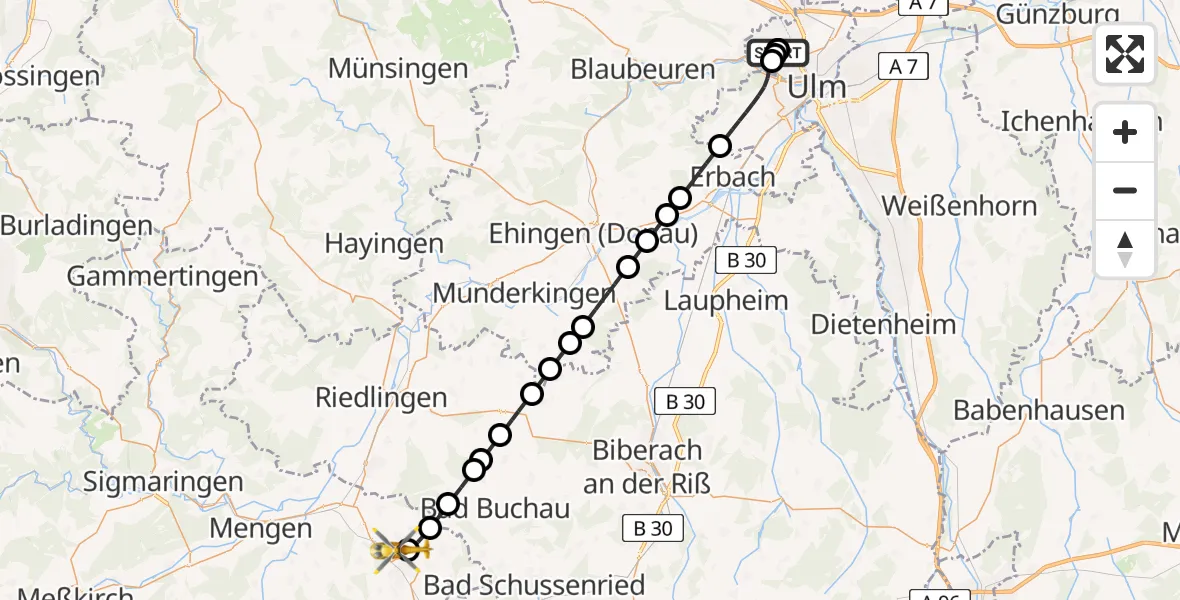 Flugroute Rettungshubschrauber Ulm Military Hospital Emergency - Bad Saulgau, 15 August 2026, 09:31