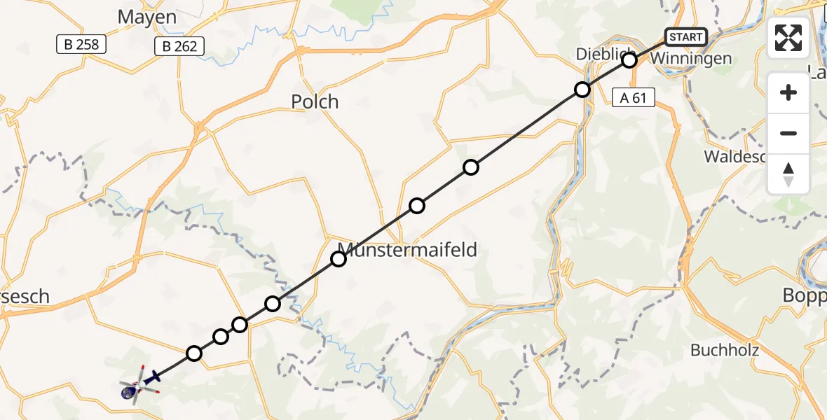 Flugroute Polizeihubschrauber Winningen - Wirfus, 15 August 2026, 09:33