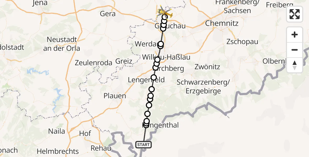 Flugroute Rettungshubschrauber Markneukirchen - Schönberg, 15 August 2026, 09:33