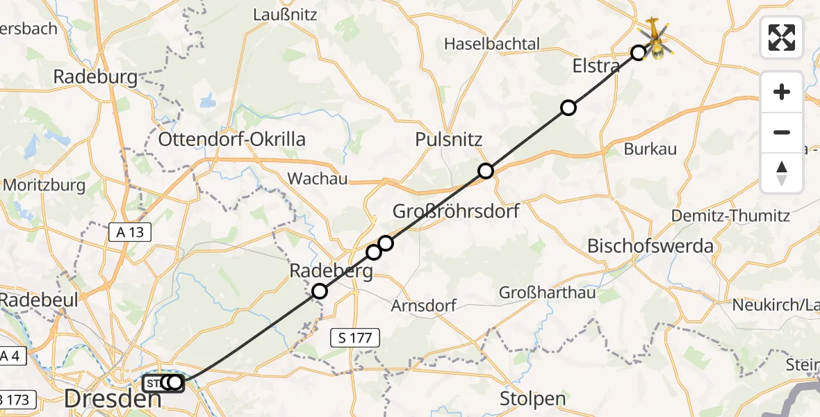 Flugroute Rettungshubschrauber Dresden University Hospital - Panschwitz-Kuckau, 15 August 2026, 09:33
