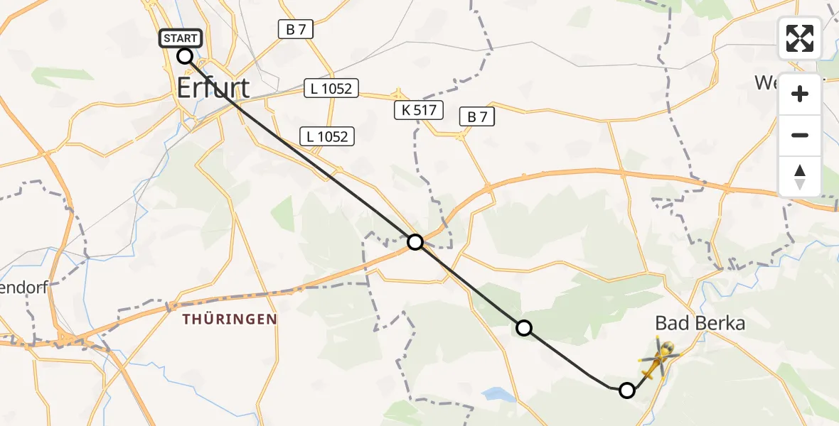 Flugroute Ambulanzhubschrauber Helios Clinic Erfurt - DRF Rettungsstation Bad Berka Hubschrauberlandeplatz, 15 August 2026, 09:36