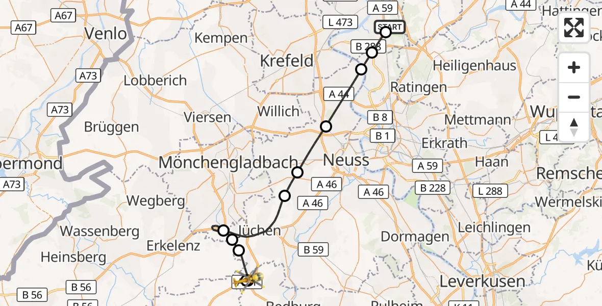 Flugroute Rettungshubschrauber Duisburg Air Rescue Hubschrauberlandeplatz (Christoph 9) - Titz, 15 August 2026, 09:42