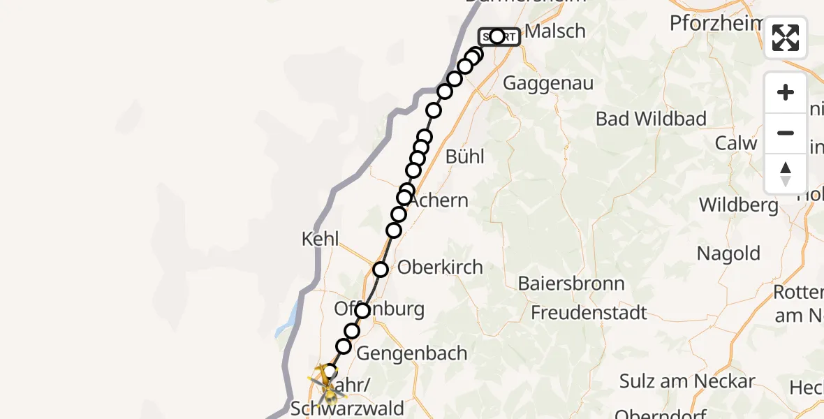 Flugroute Rettungshubschrauber Rastatt Flugplatz - Lahr Flughafen, 15 August 2026, 09:49