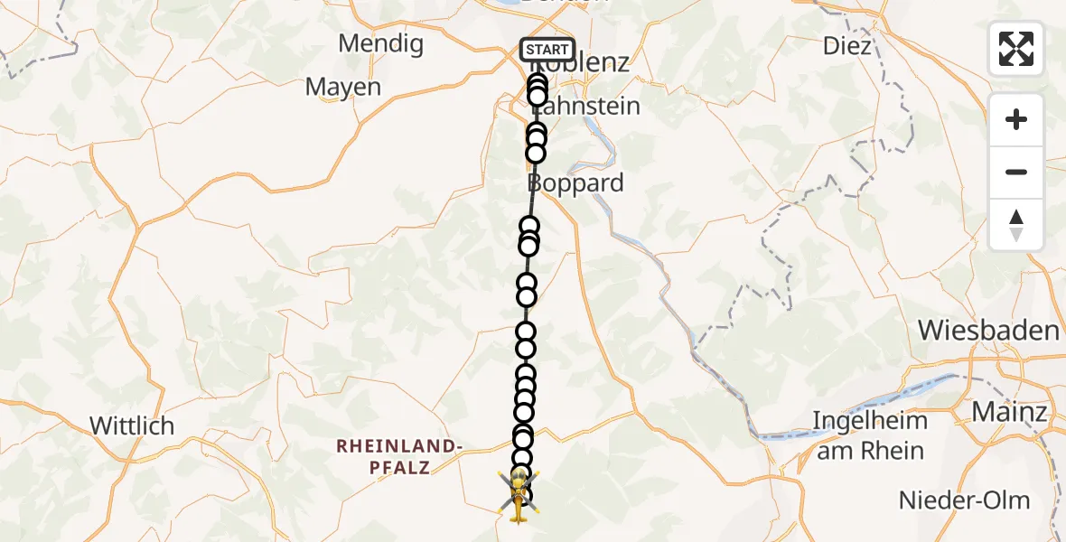Flugroute Rettungshubschrauber Koblenz - Mengerschied, 15 August 2026, 09:52