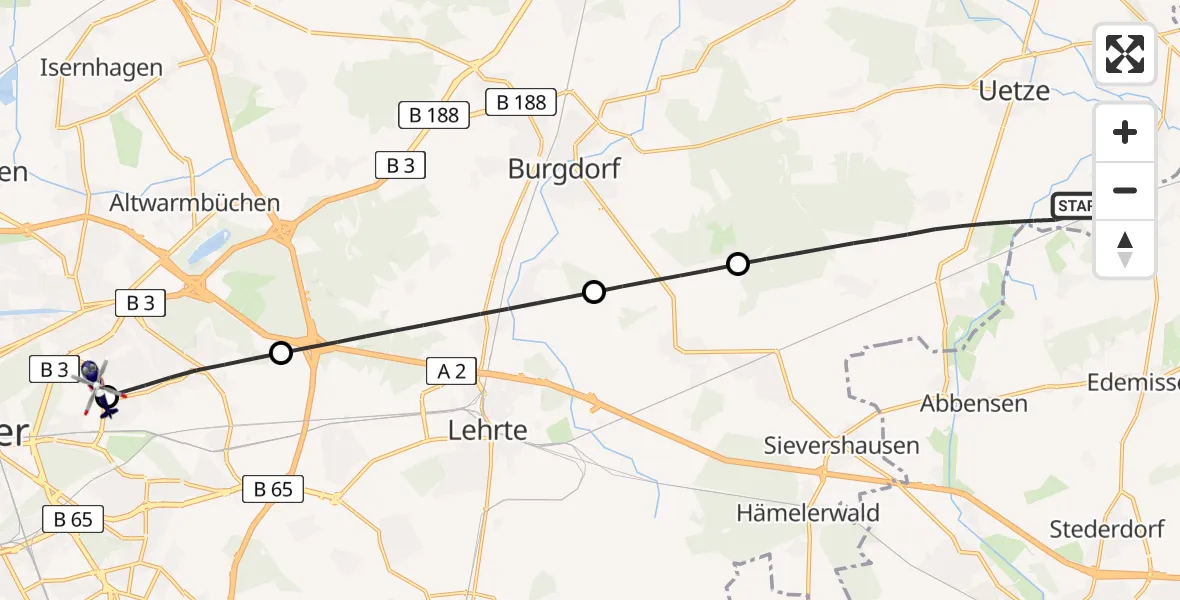 Flugroute Polizeihubschrauber Uetze - Hannover Luftrettung Hubschrauberlandeplatz (Christoph 4), 15 August 2026, 09:56