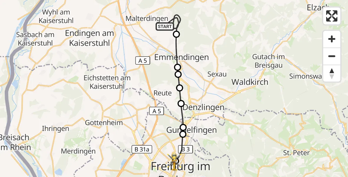 Flugroute Ambulanzhubschrauber Teningen - Freiburg University Hospital Heliport 1, 15 August 2026, 09:59