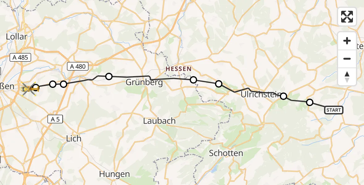 Flugroute Rettungshubschrauber Herbstein - Gießen, 15 August 2026, 09:59