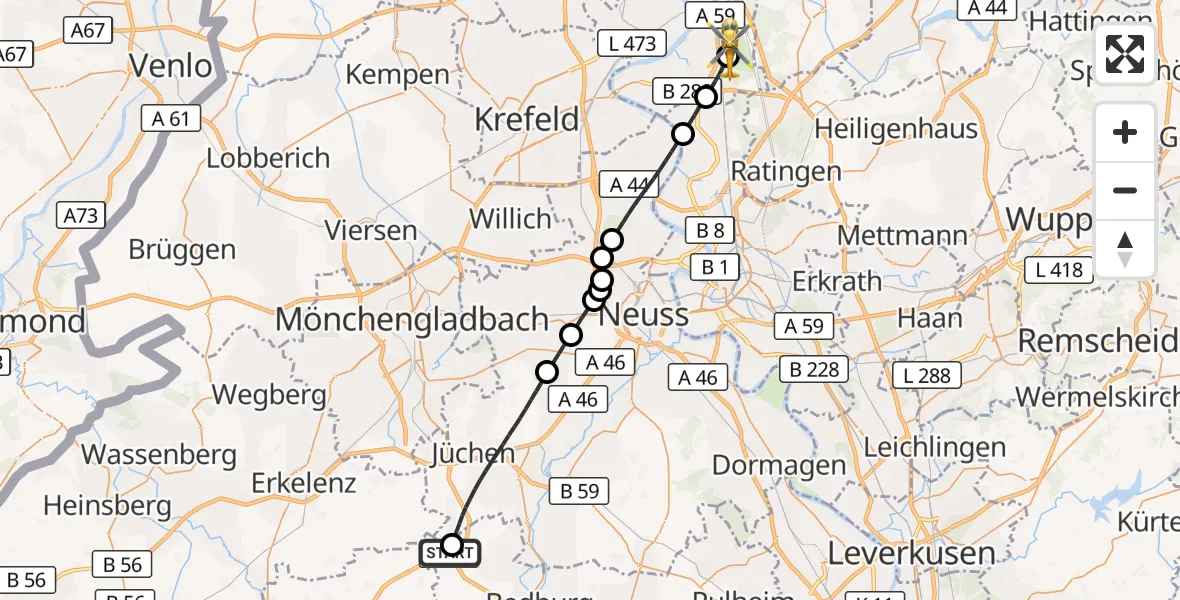 Flugroute Rettungshubschrauber Titz - Duisburg Air Rescue Hubschrauberlandeplatz (Christoph 9), 15 August 2026, 10:03