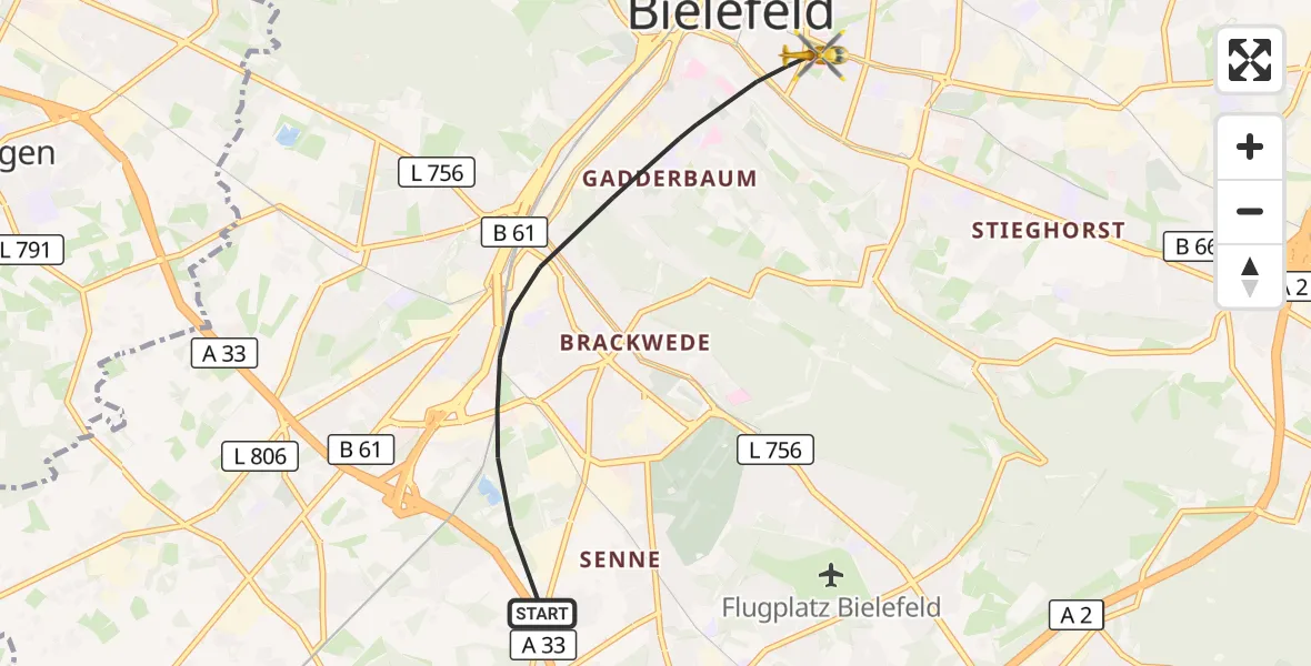 Flugroute Rettungshubschrauber Bielefeld - Bielefeld, 15 August 2026, 10:06
