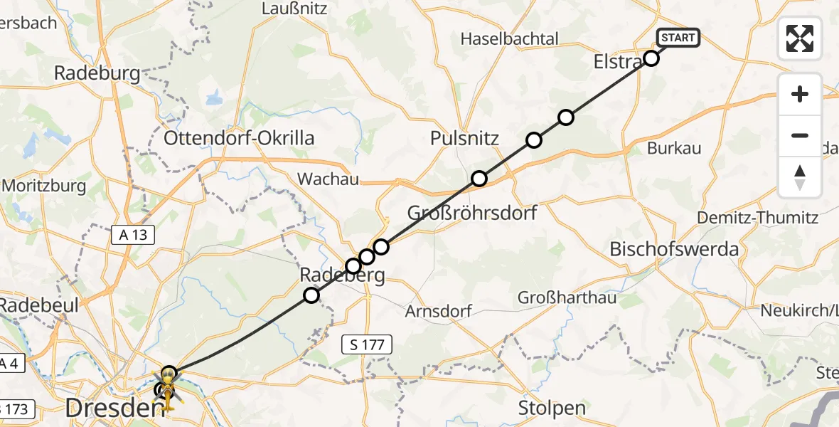 Flugroute Rettungshubschrauber Panschwitz-Kuckau - Dresden University Hospital, 15 August 2026, 10:09